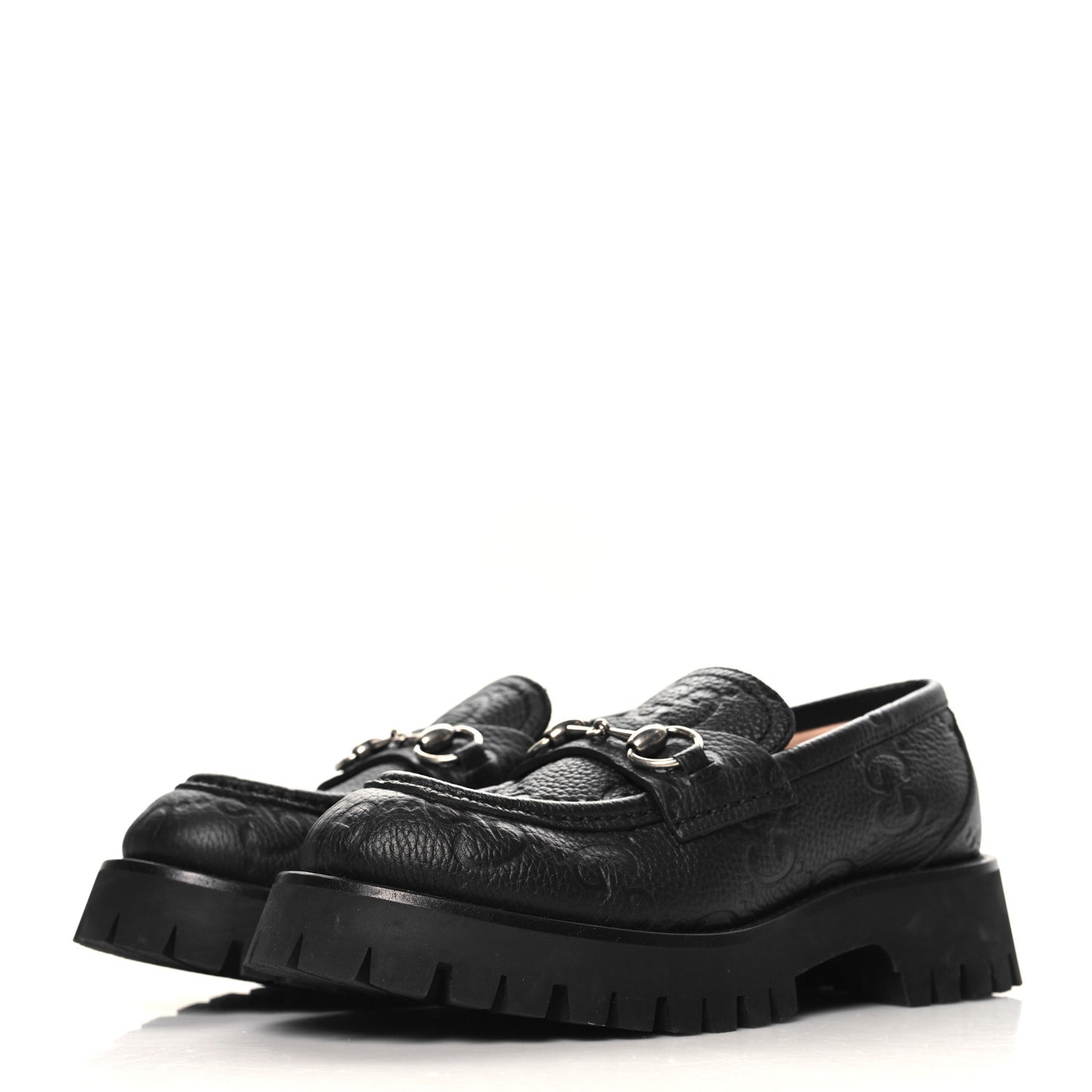 Piuma Calfskin Embossed Womens Platform Lug Sole Loafers 37.5 Black