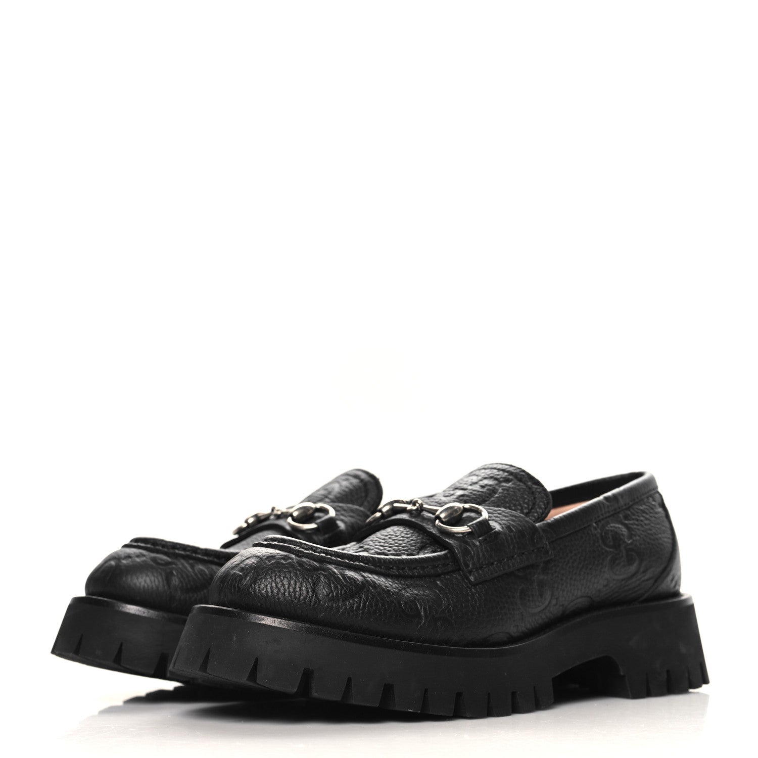 Gucci Piuma Calfskin Embossed Womens Platform Lug Sole Loafers 37.5 Black 4 of 10