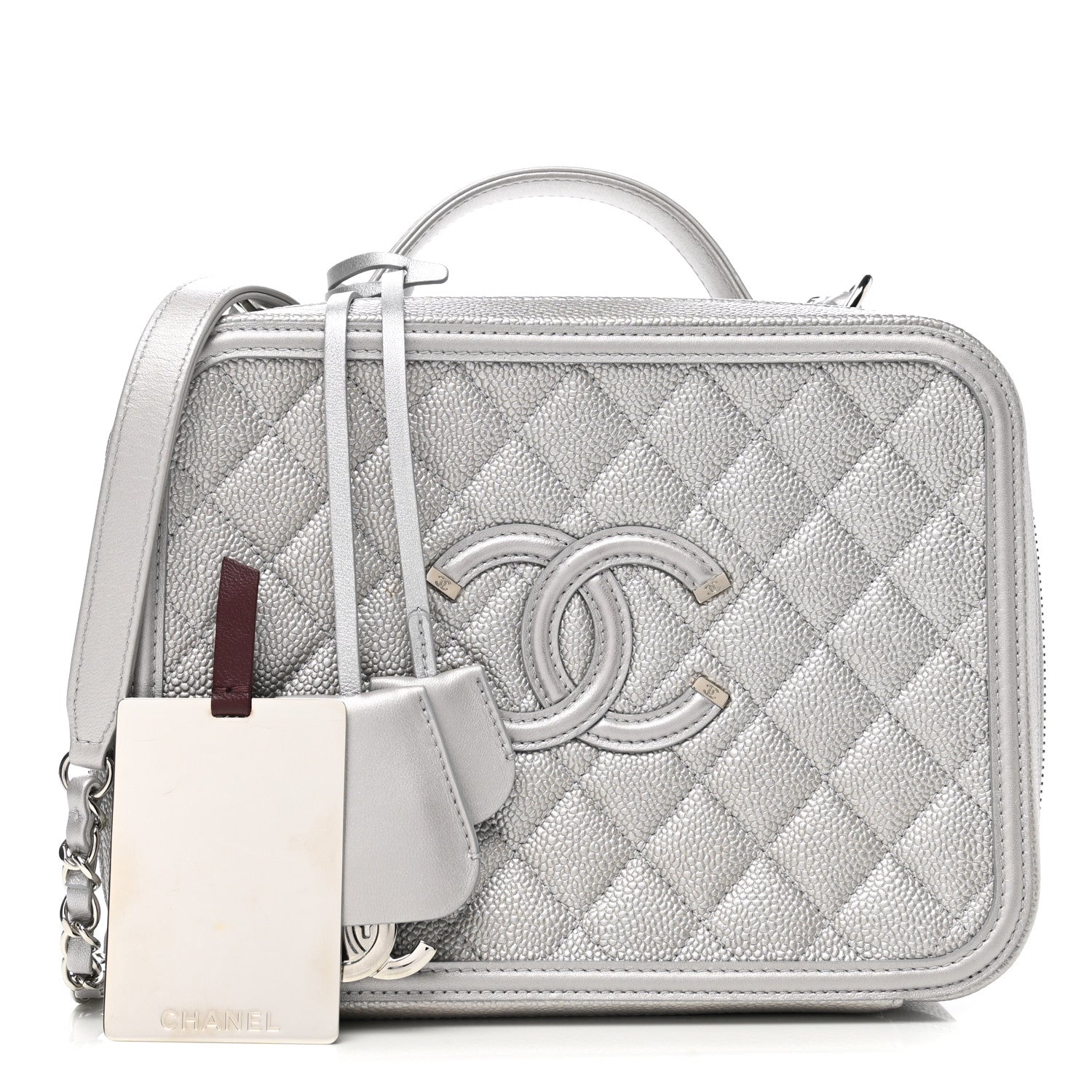 Chanel Metallic Caviar Quilted Large CC Filigree Vanity Case Silver 1 of 13
