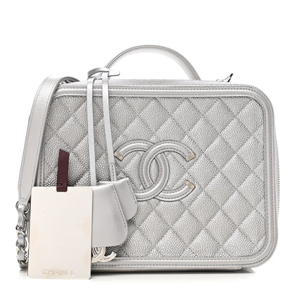 Chanel Metallic Caviar Quilted Large CC Filigree Vanity Case Silver 1 of 13