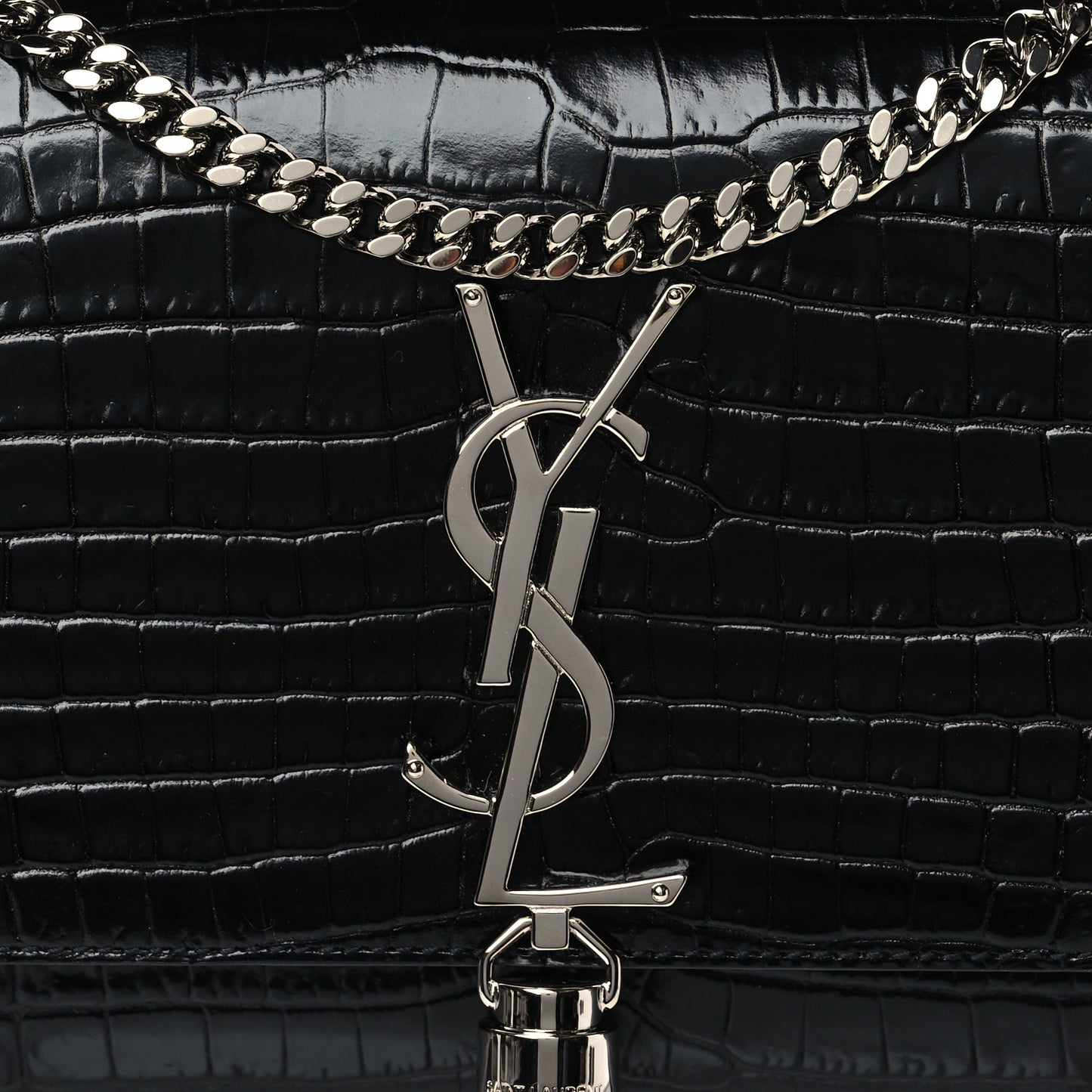 Calfskin Crocodile Embossed Small Classic Monogram Kate Tassel Satchel Black