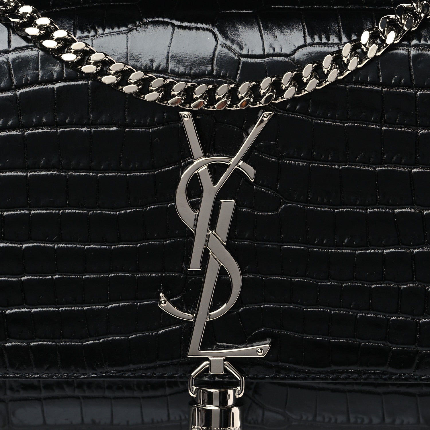 Saint Laurent Calfskin Crocodile Embossed Small Classic Monogram Kate Tassel Satchel Black 8 of 10