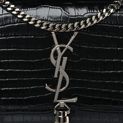 Saint Laurent Calfskin Crocodile Embossed Small Classic Monogram Kate Tassel Satchel Black 8 of 10