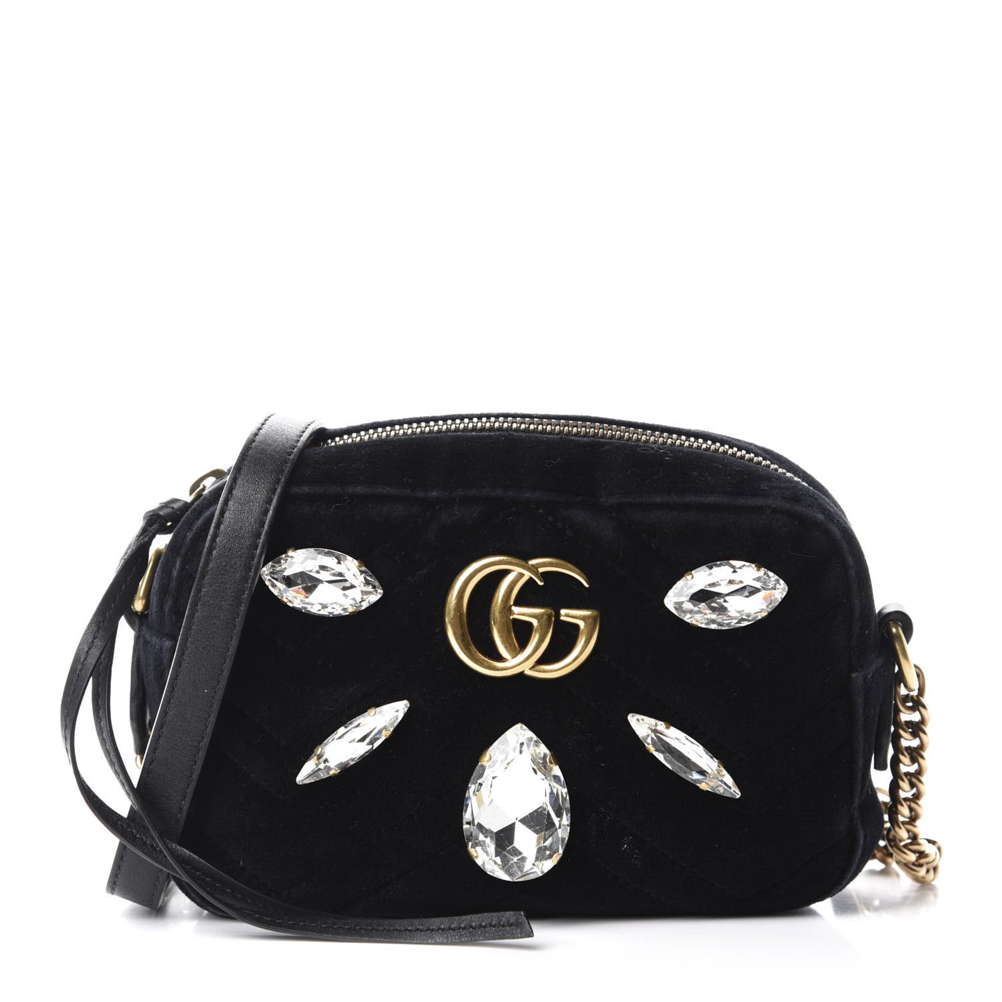 Velvet Matelasse Marquise Crystals Mini GG Marmont Chain Shoulder Bag Black