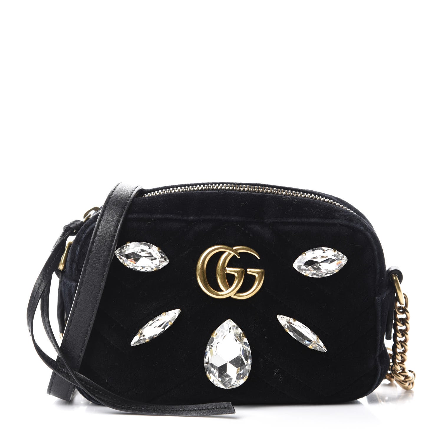 Gucci Velvet Matelasse Marquise Crystals Mini GG Marmont Chain Shoulder Bag Black 1 of 14