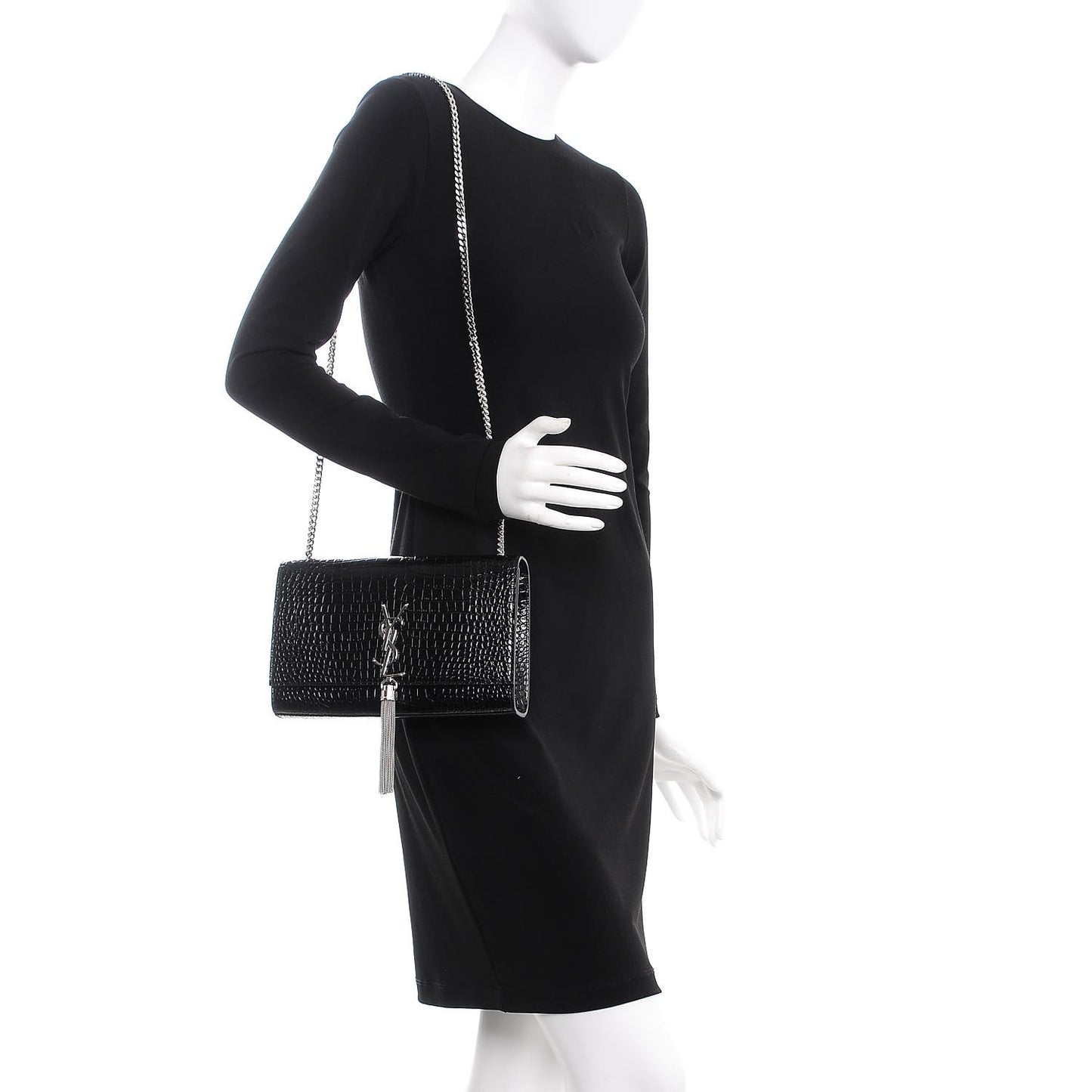 Calfskin Crocodile Embossed Medium Classic Monogram Kate Tassel Satchel Black