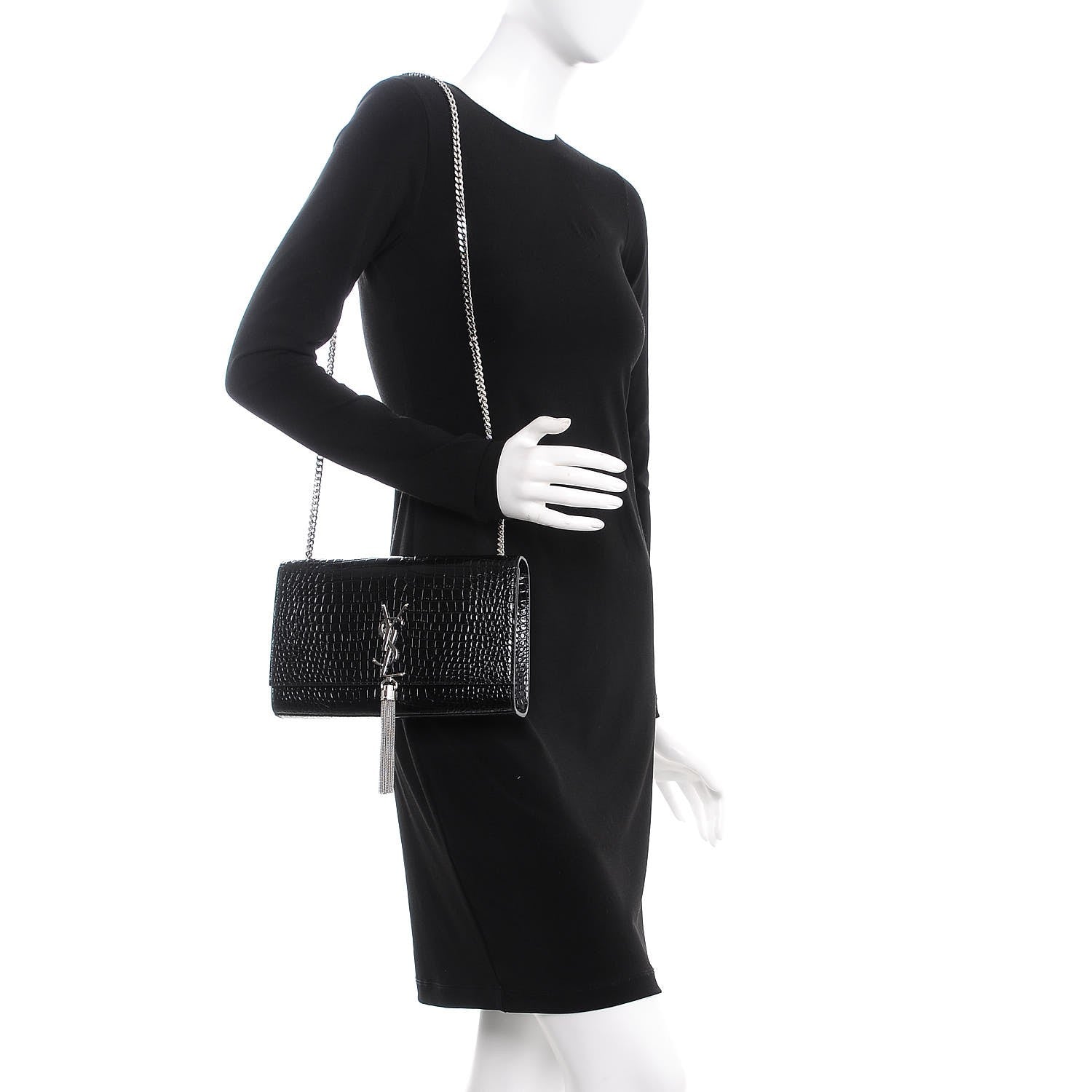 Saint Laurent Calfskin Crocodile Embossed Medium Classic Monogram Kate Tassel Satchel Black 2 of 6