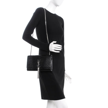 Saint Laurent Calfskin Crocodile Embossed Medium Classic Monogram Kate Tassel Satchel Black 2 of 6