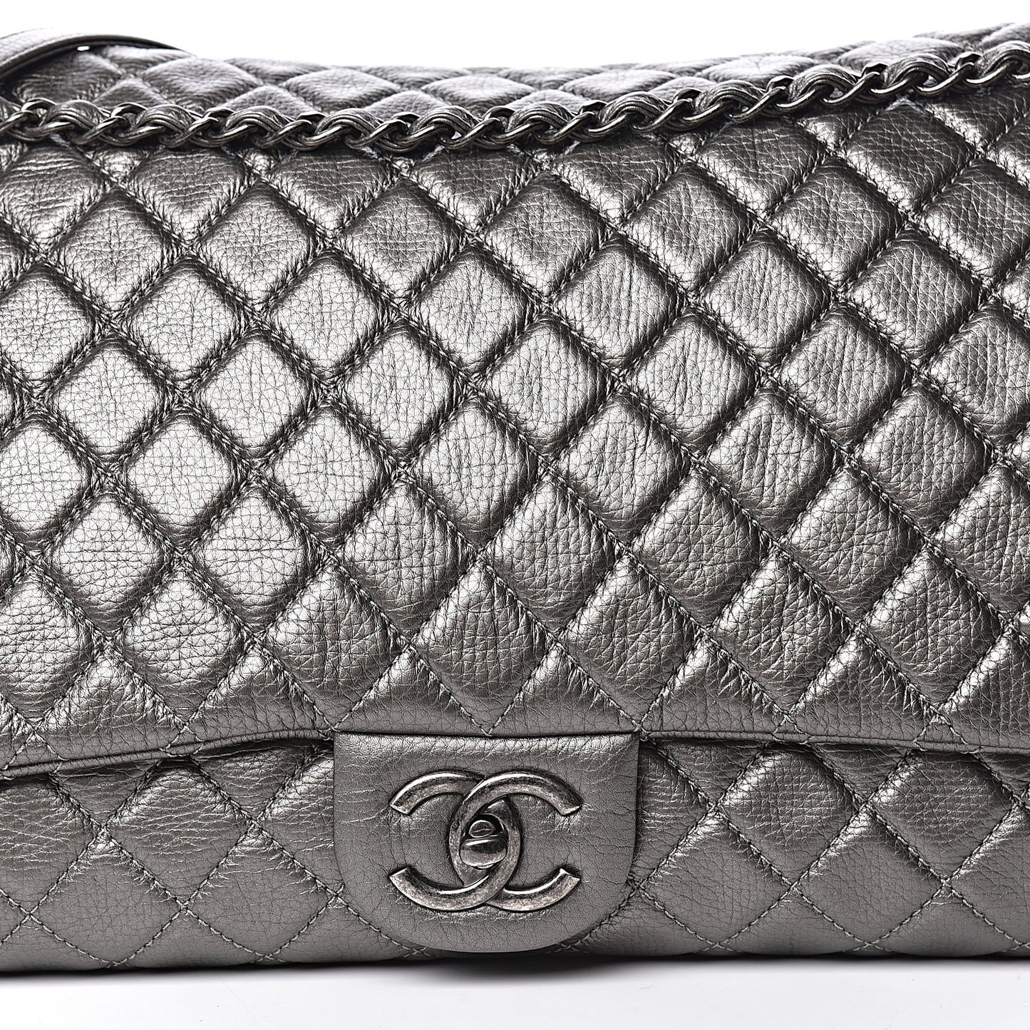 Metallic Calfskin Quilted XXL Travel Flap Bag Dark Silver