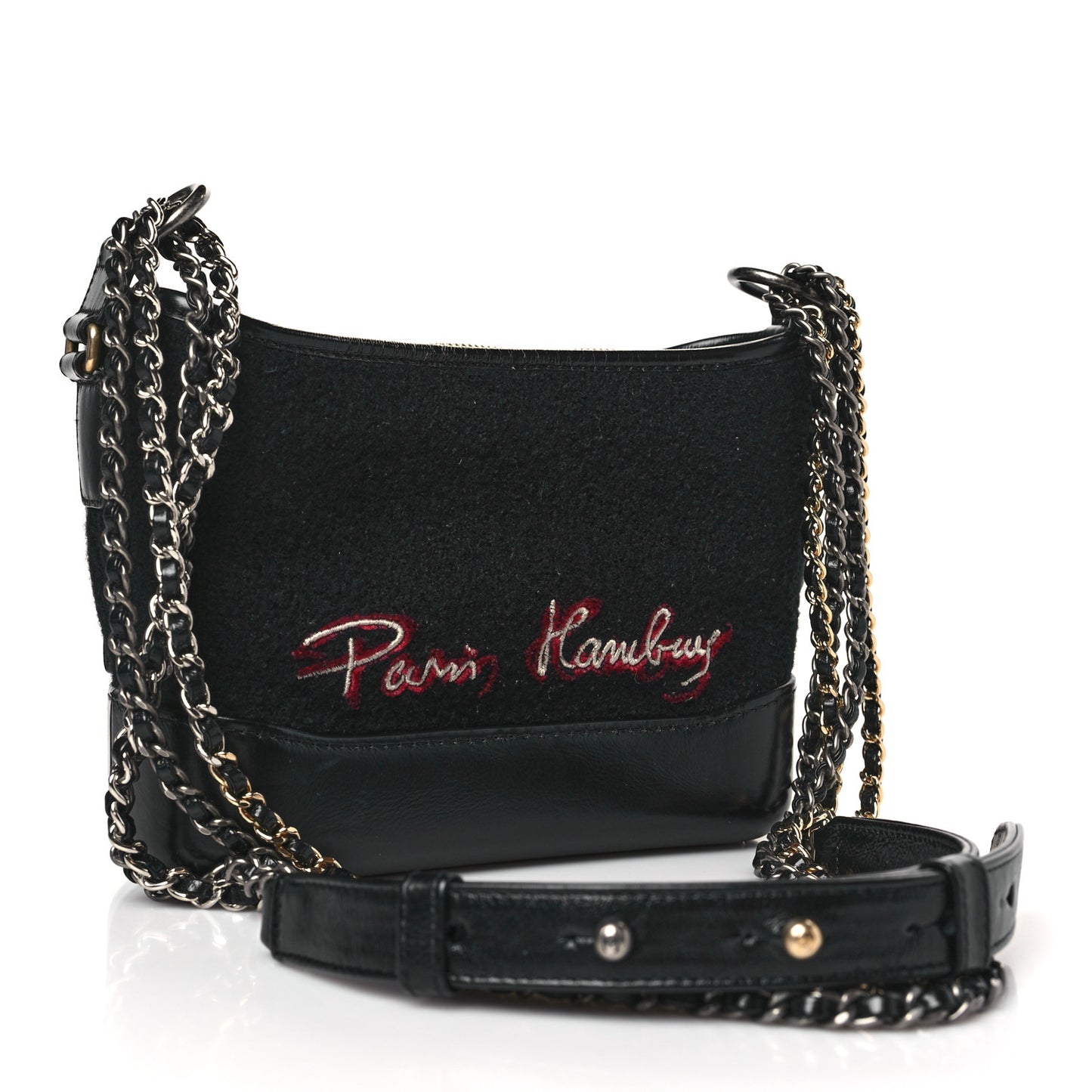 Calfskin Wool Embroidered Paris Hamburg Small Gabrielle Hobo Black