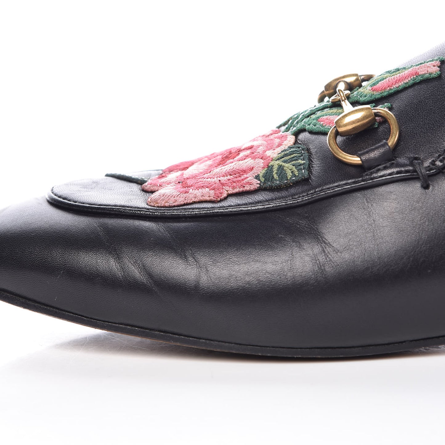 Calfskin Flower Embroidered Princetown Slippers 36 Black