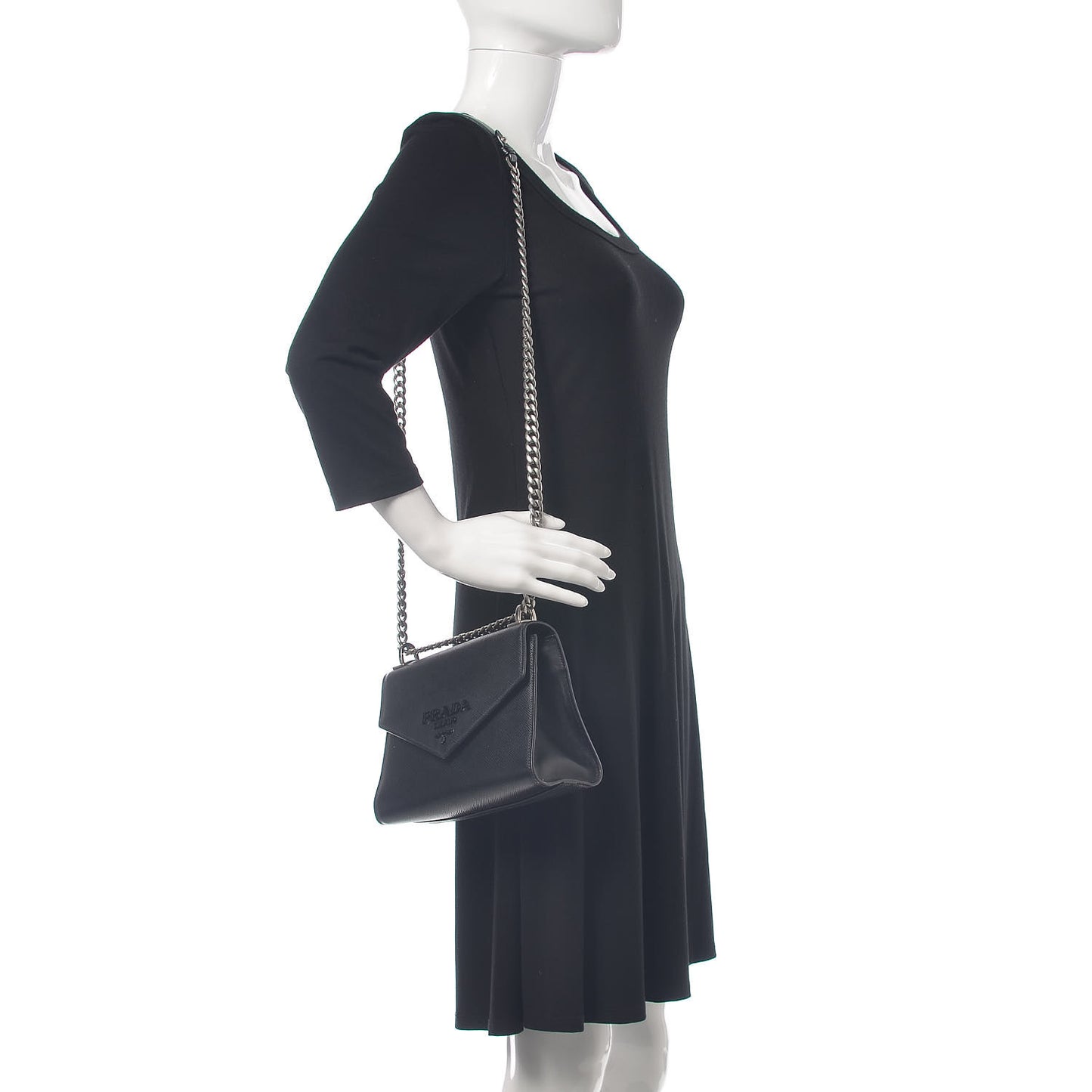 Saffiano Cuir Calfskin Monochrome Envelope Flap Chain Shoulder Bag Black