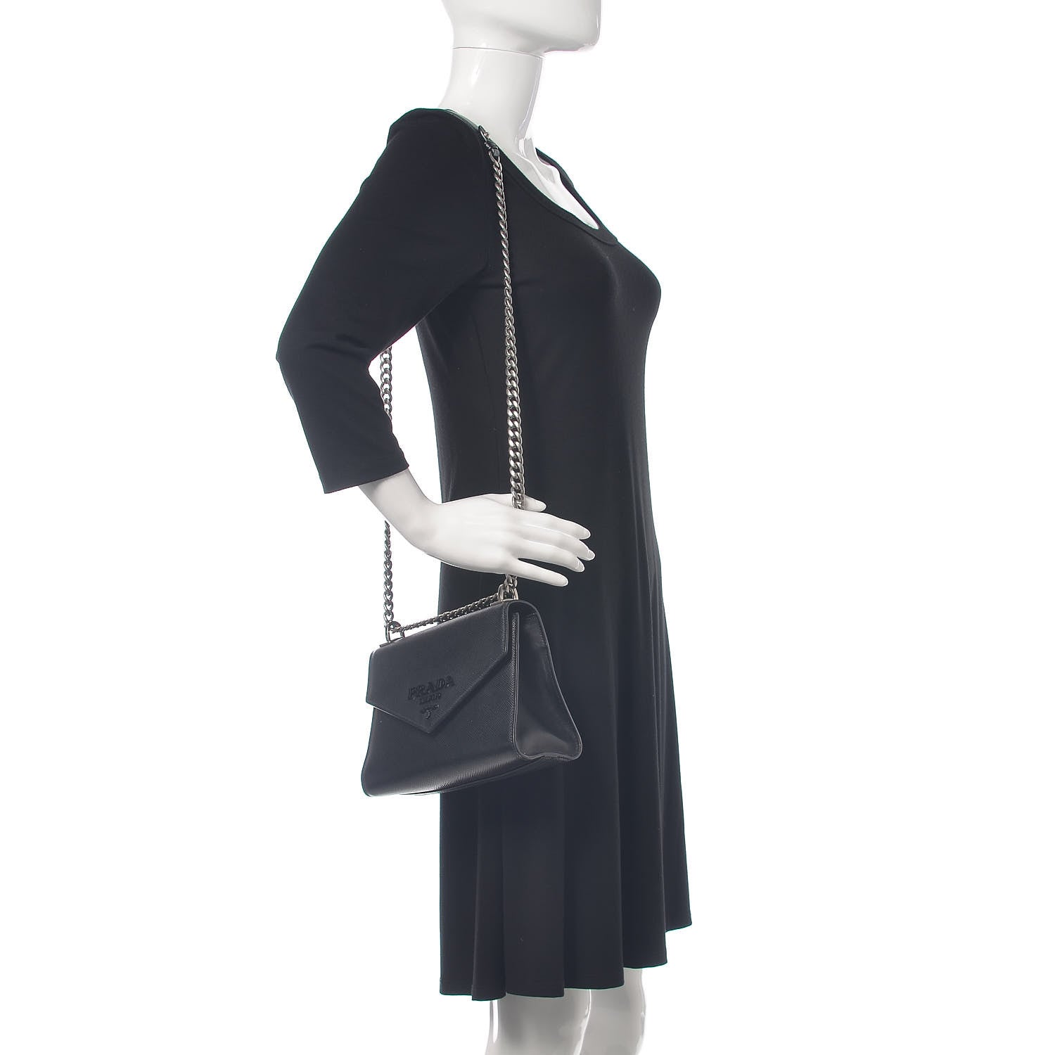 Prada Saffiano Cuir Calfskin Monochrome Envelope Flap Chain Shoulder Bag Black 2 of 18