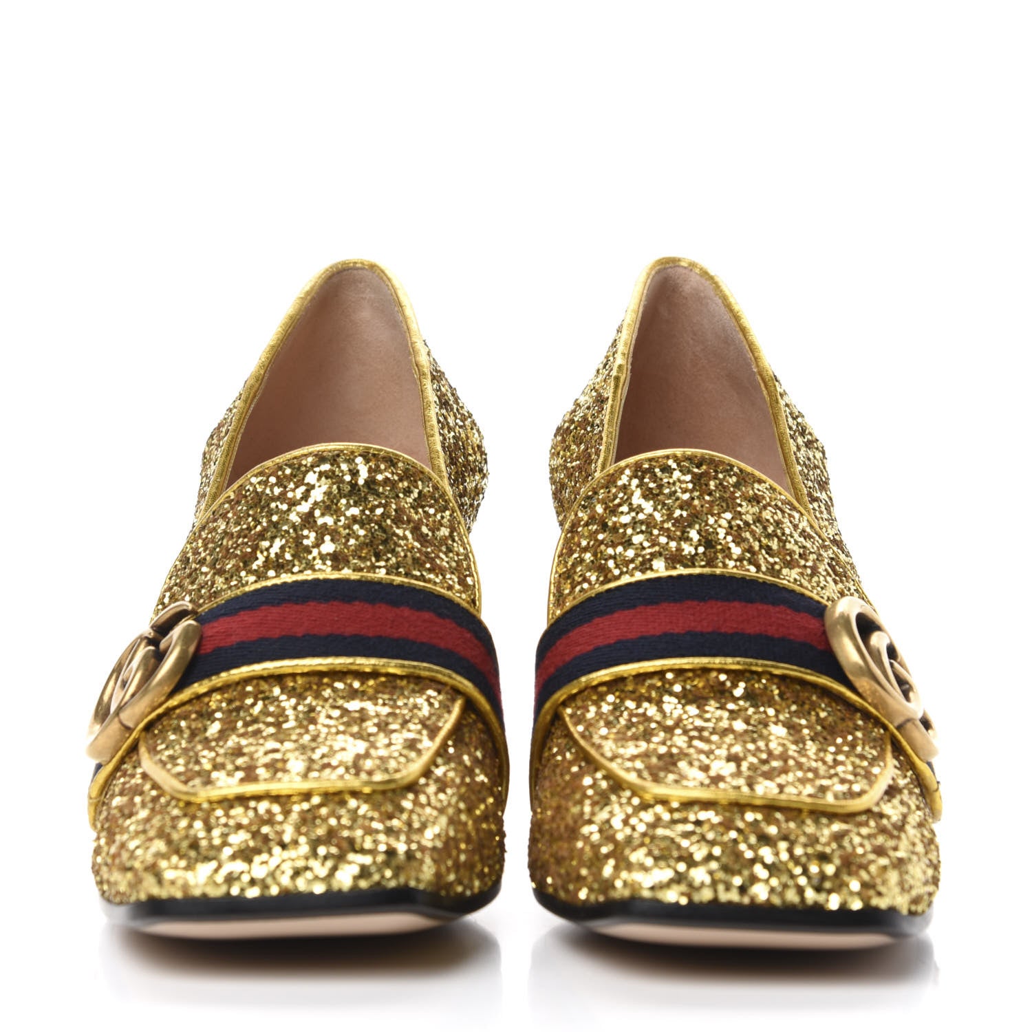 Gucci Glitter Nappa Web Peyton 75mm Loafer Pumps 38 Oro Vecchio 2 of 10