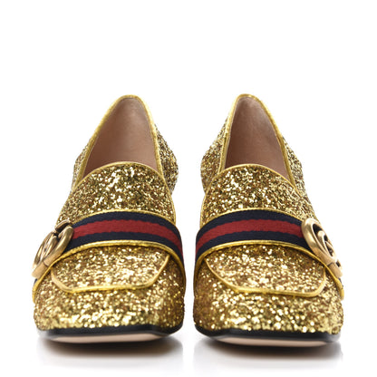 Gucci Glitter Nappa Web Peyton 75mm Loafer Pumps 38 Oro Vecchio 2 of 10