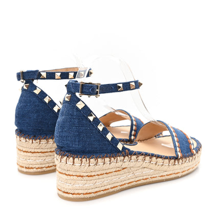 Valentino Garavani Denim Rockstud Ankle Strap Espadrille 55mm Wedge Sandals 38 Light Denim 5 of 9