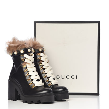 Gucci Magnum Calfskin Fur Pearl Lace Up Combat Ankle Boots 37.5 Black Naturale 8 of 8