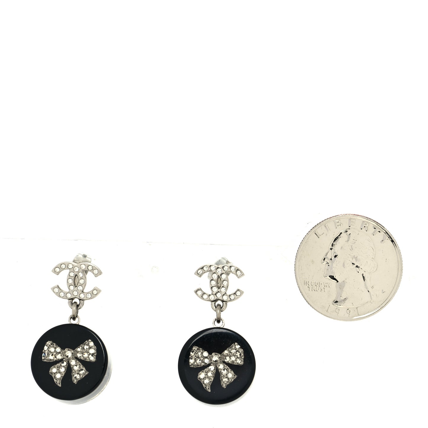 Resin Crystal CC Bow Drop Earrings Black Silver