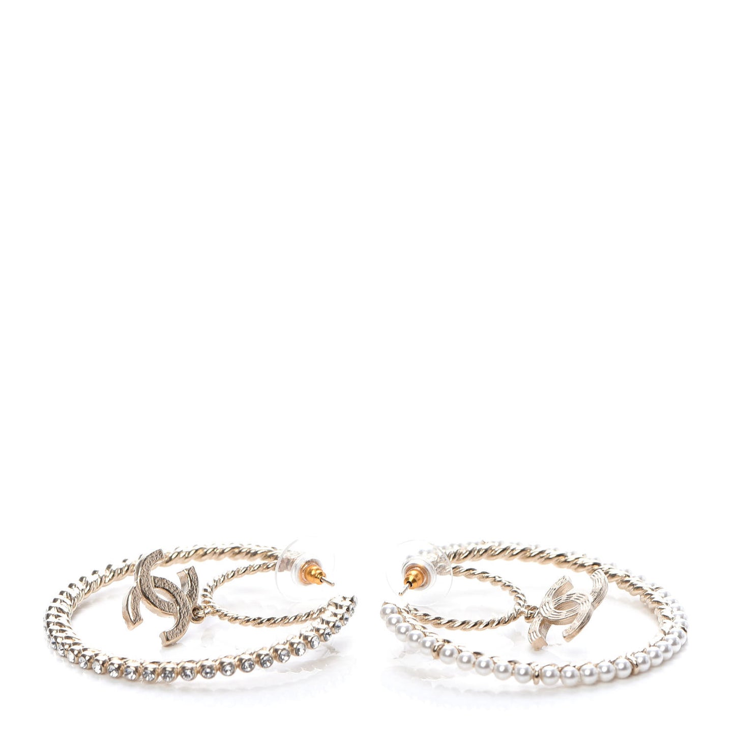 Crystal Pearl CC Drop Hoop Earrings Gold Pearly White