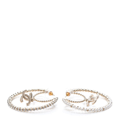 Chanel Crystal Pearl CC Drop Hoop Earrings Gold Pearly White 4 of 6