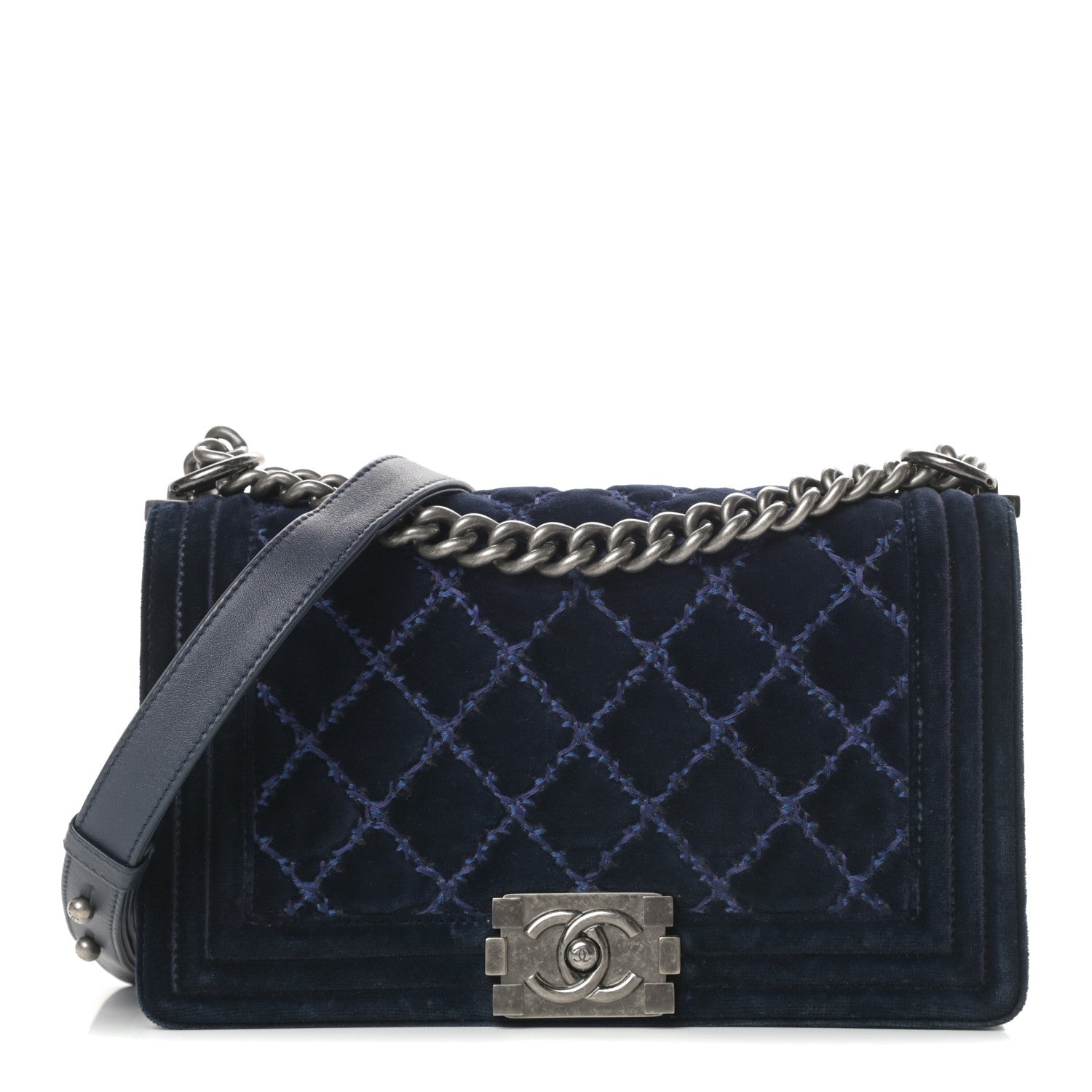 Chanel Velvet Tweed Quilted Medium Boy Flap Dark Navy Blue 1 of 15