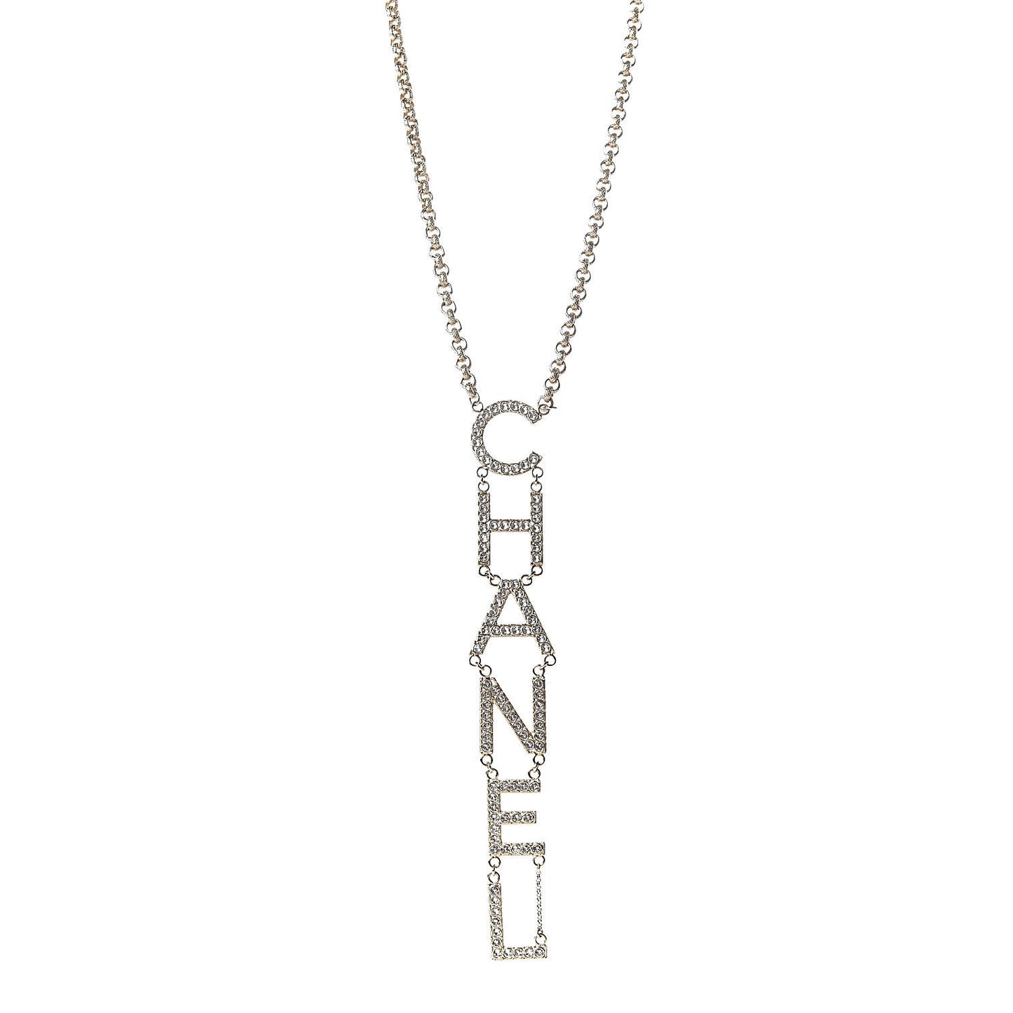 Metal Crystal Cha-Nel Logo Necklace Gold