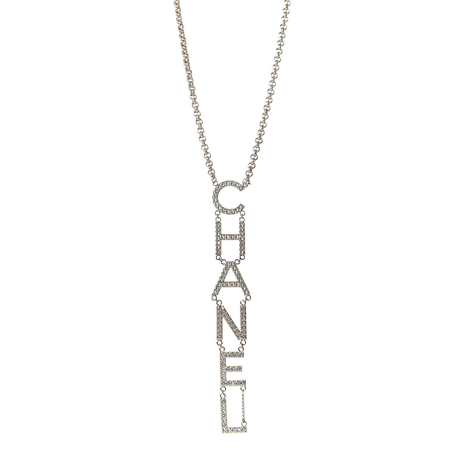Chanel Metal Crystal Cha-Nel Logo Necklace Gold 1 of 6