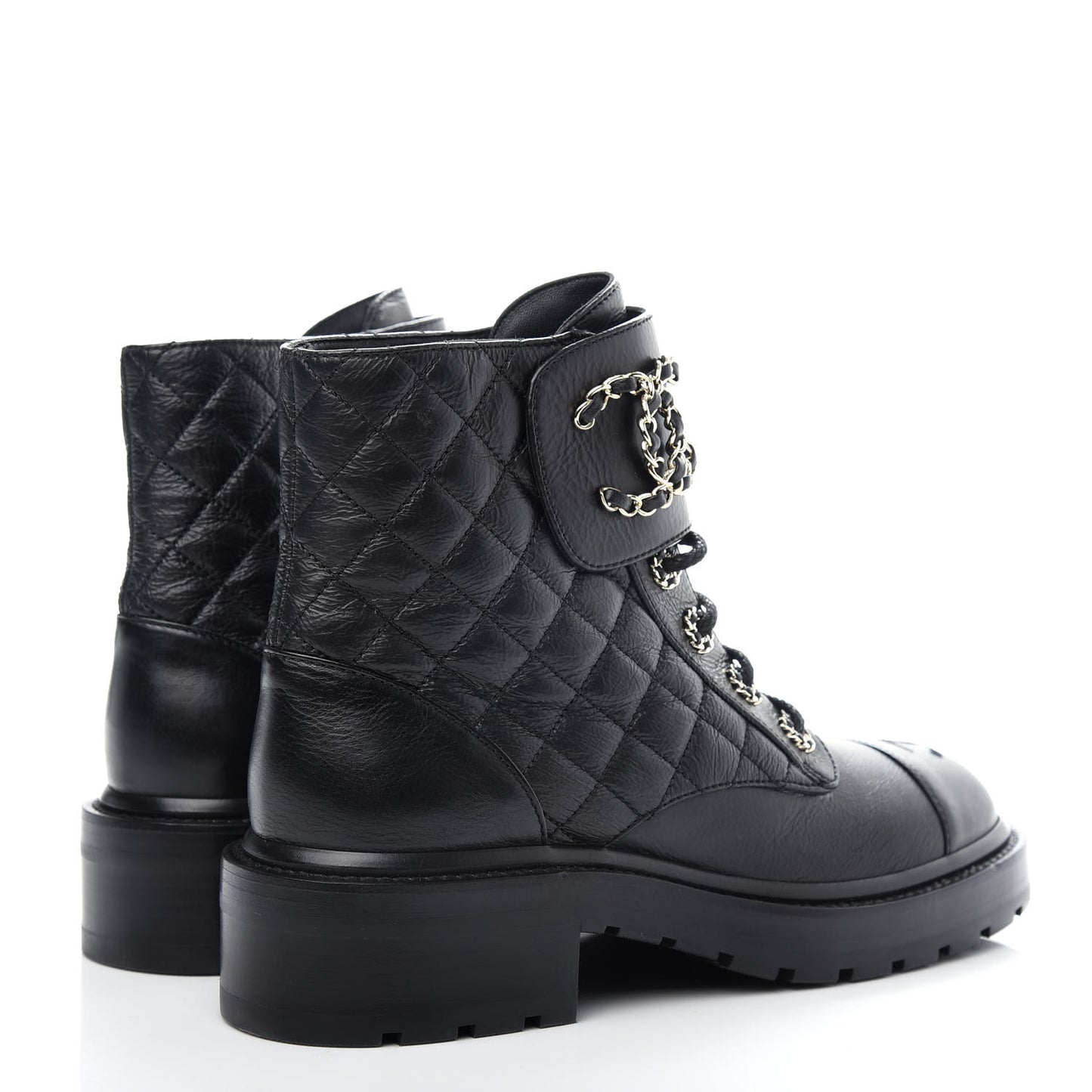 Shiny Goatskin Calfskin Quilted Lace Up Combat Boots 37.5 Black