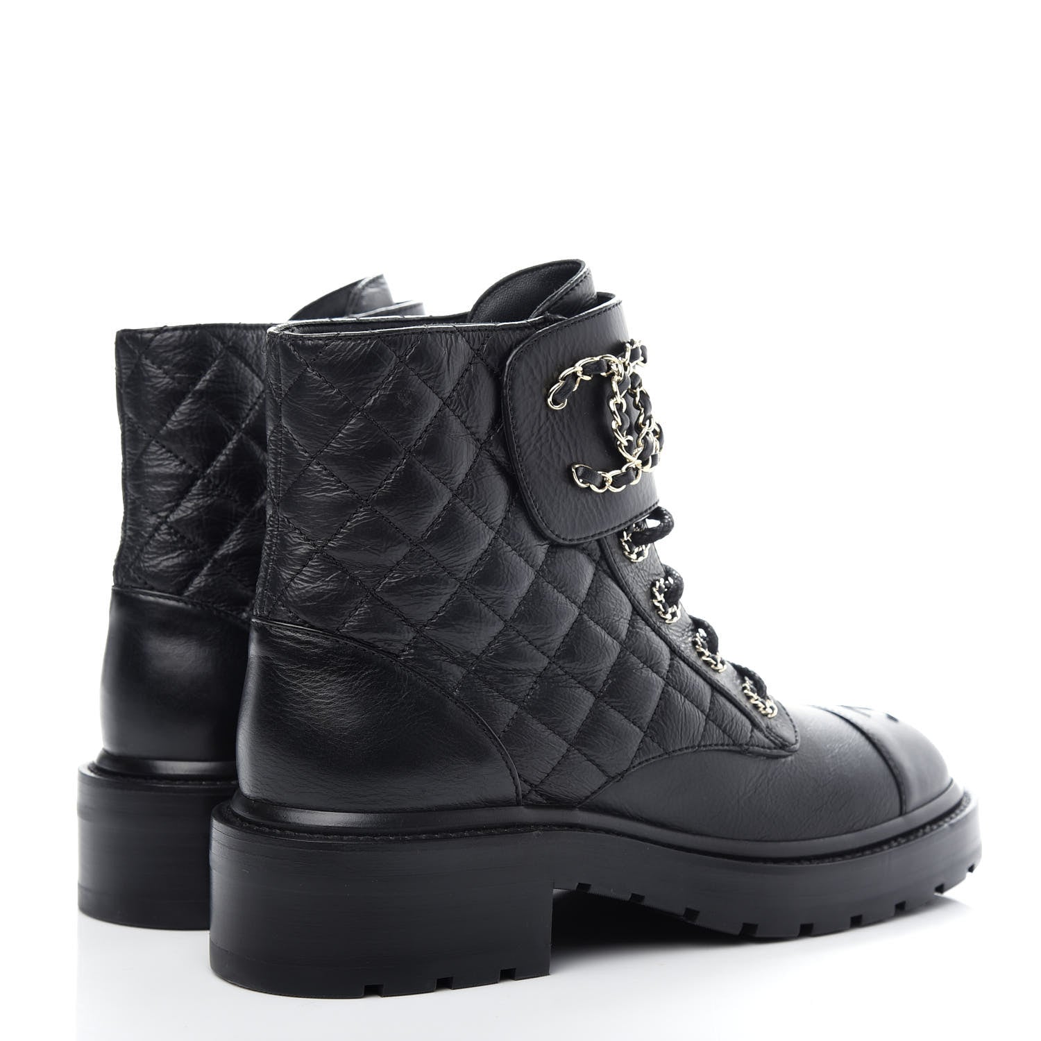 Chanel Shiny Goatskin Calfskin Quilted Lace Up Combat Boots 37.5 Black 4 of 11