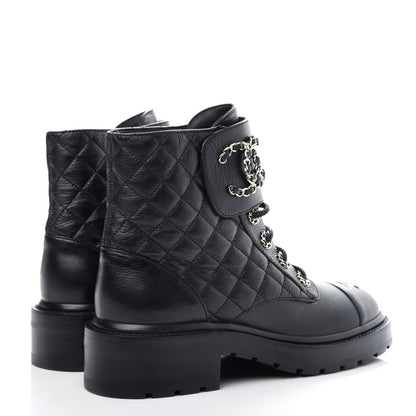 Chanel Shiny Goatskin Calfskin Quilted Lace Up Combat Boots 37.5 Black 4 of 11