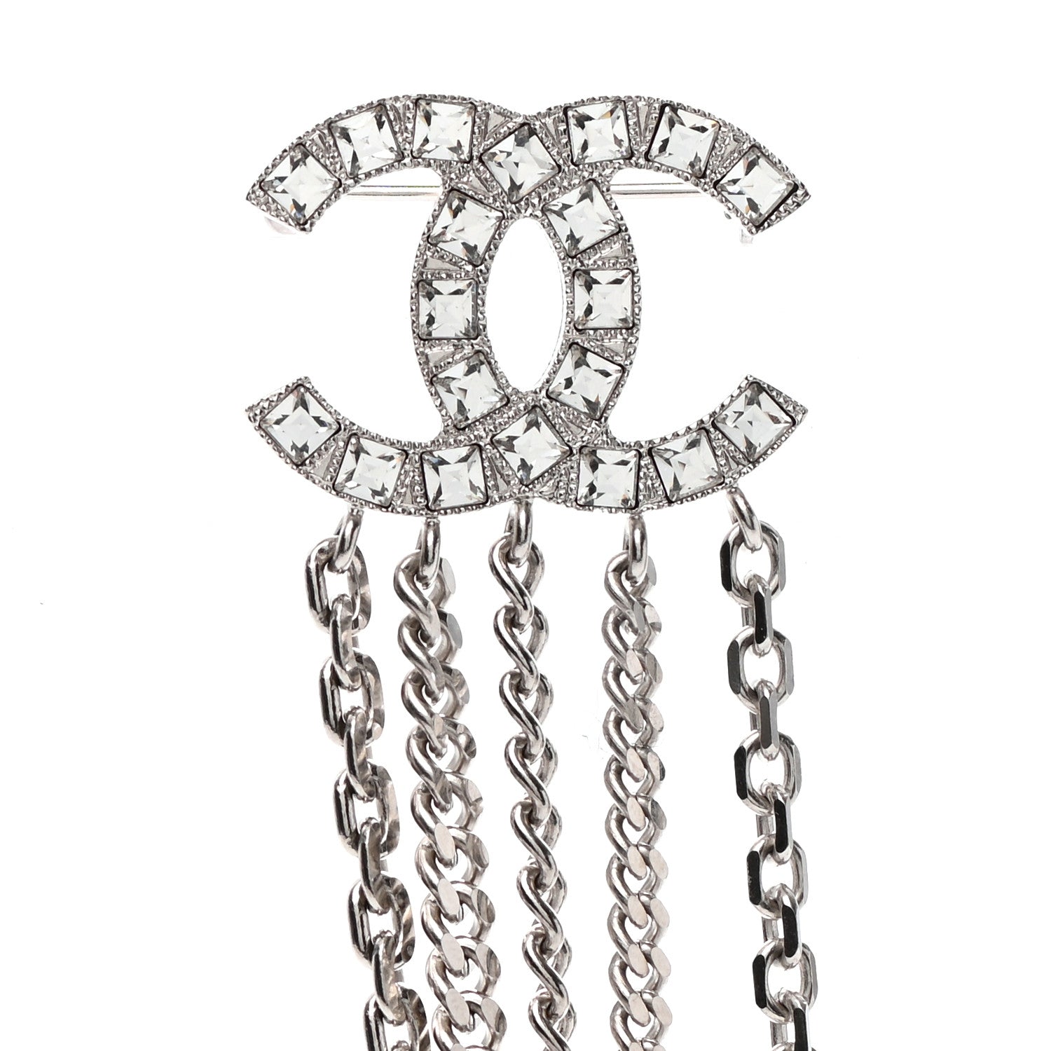 Chanel Baguette Crystal CC Shield Multi Strand Long Chain Brooch Silver 4 of 6