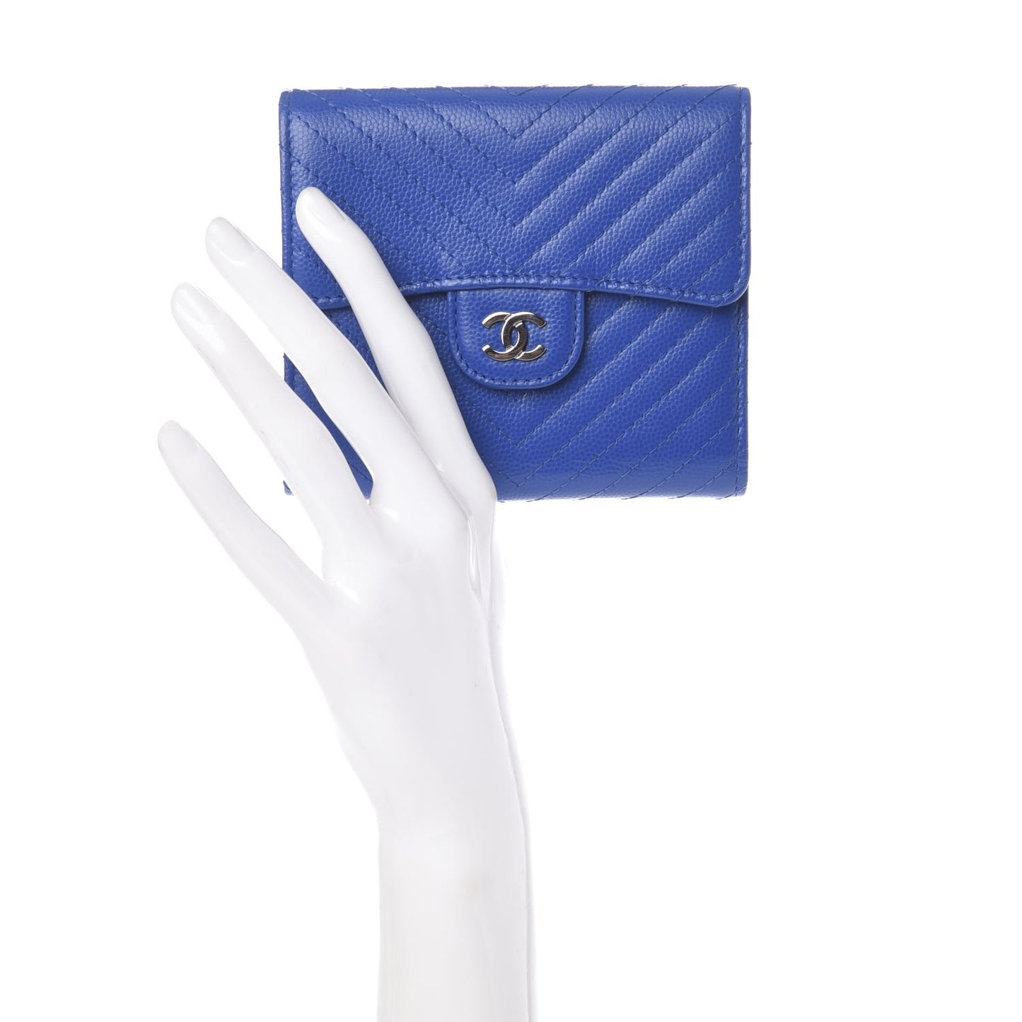 Caviar Chevron Quilted Compact Flap Wallet Bright Blue