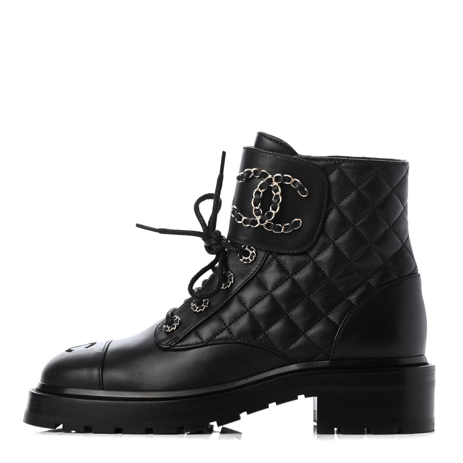 Chanel Shiny Lambskin Quilted Lace Up Combat Boots 38 Black 1 of 11