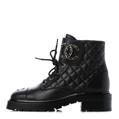 Chanel Shiny Lambskin Quilted Lace Up Combat Boots 38 Black 1 of 11