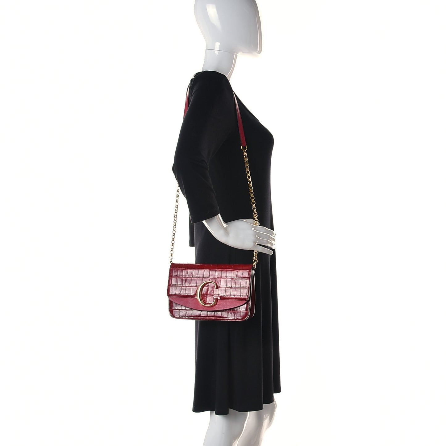 Calfskin Crocodile Embossed C Clutch With Chain Red