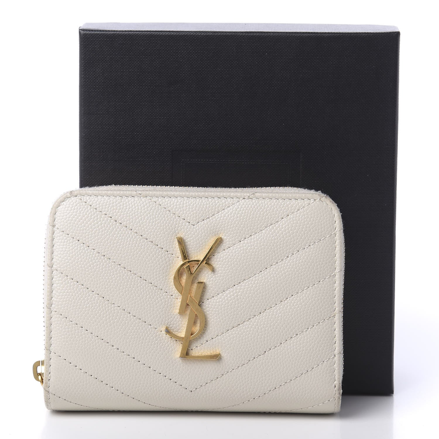 Saint Laurent Grain De Poudre Matelasse Chevron Monogram Compact Zip Around Wallet Crema Soft 10 of 10