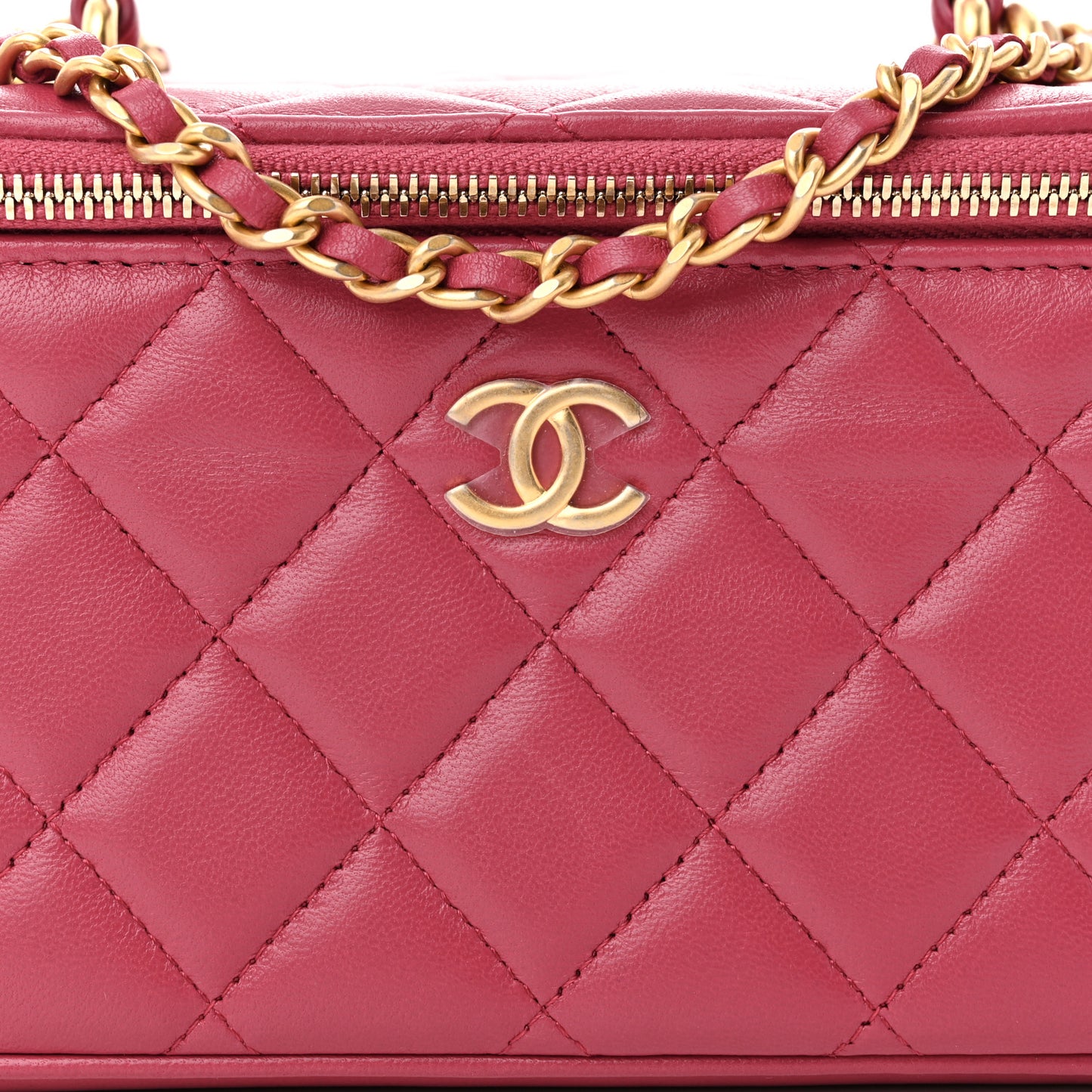 Lambskin Quilted Small Top Handle Vanity Case With Chain Dark Pink