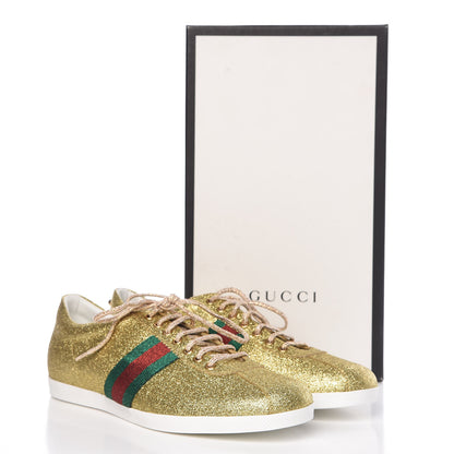 Gucci Metallic Calfskin Studded Mens Bambi Web GG Sneakers 11 Gold 8 of 8