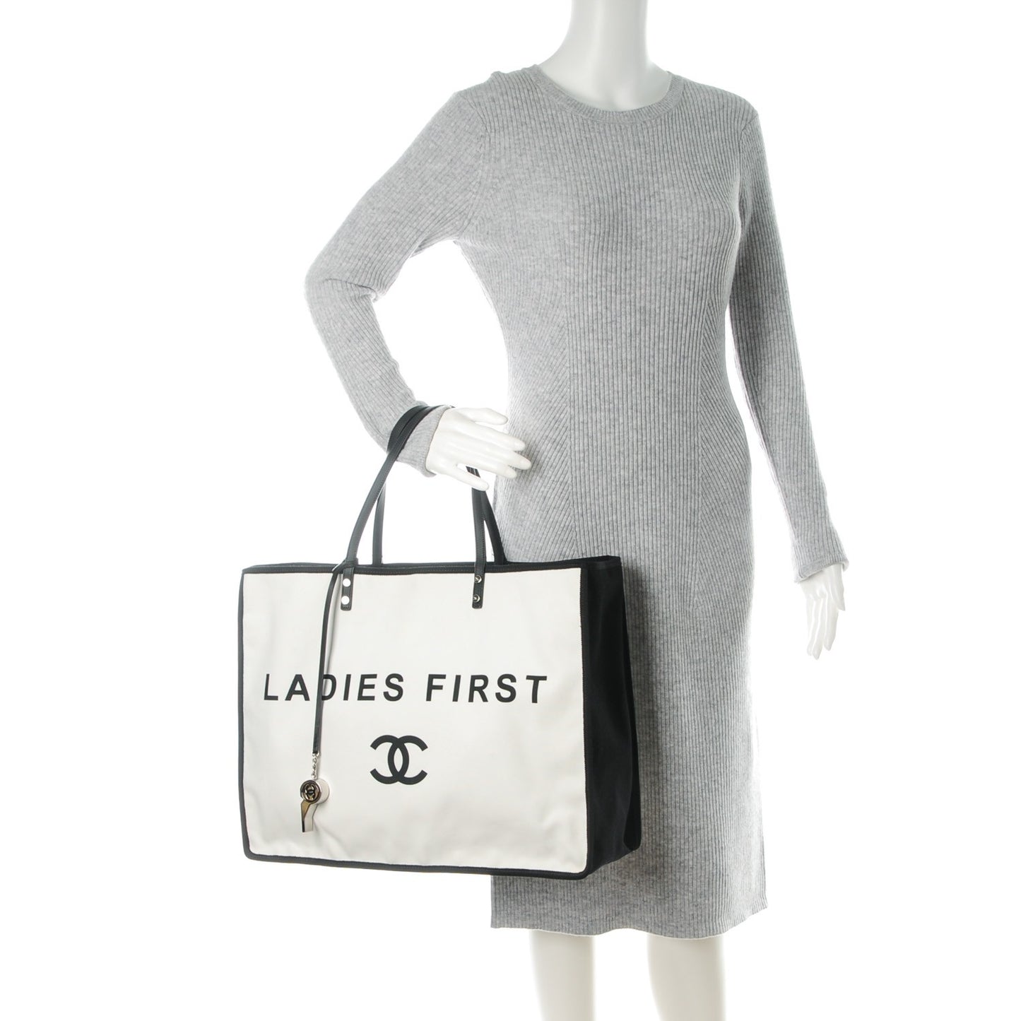 Canvas Calfskin Large Let's Demonstrate Tote White Black