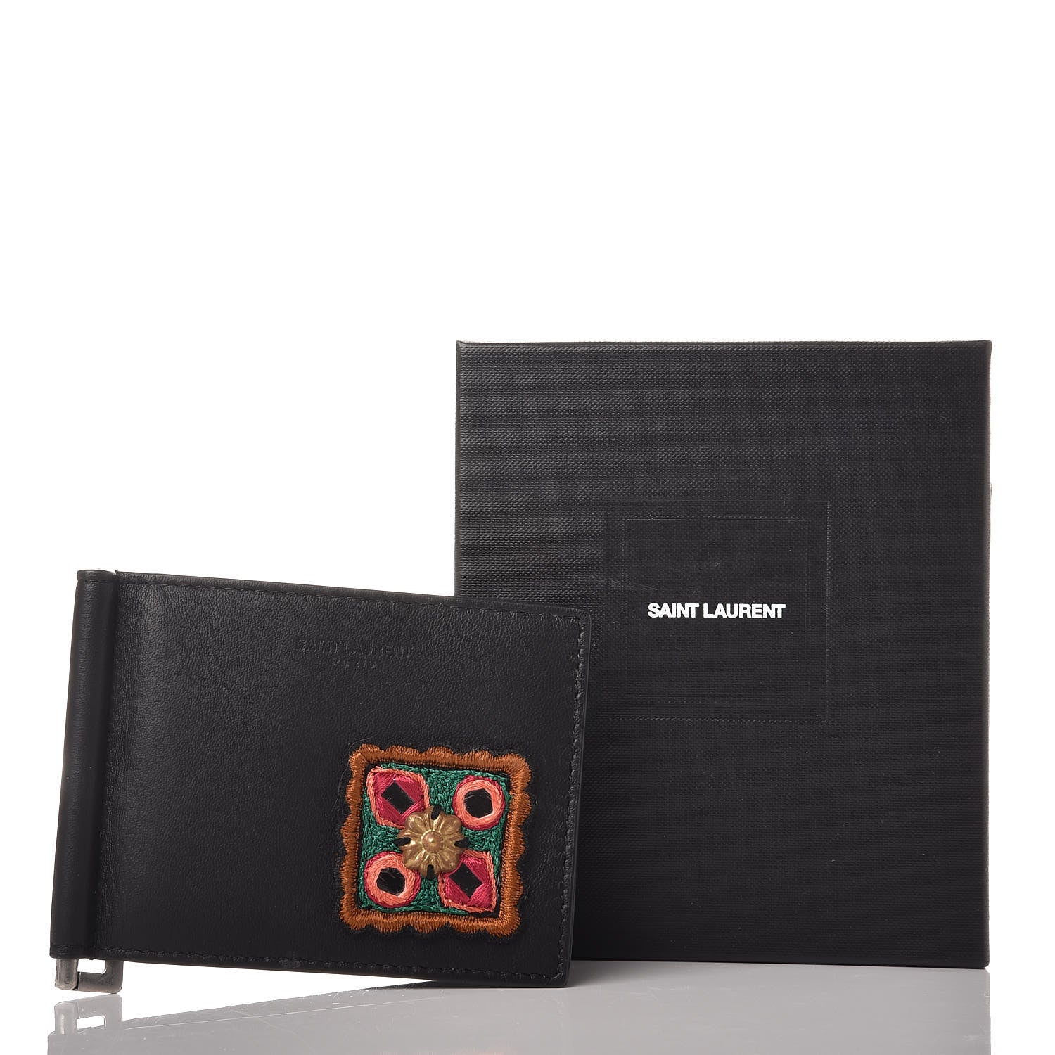 Saint Laurent Calfskin Embroidered Bill Clip Card Case Black 9 of 9