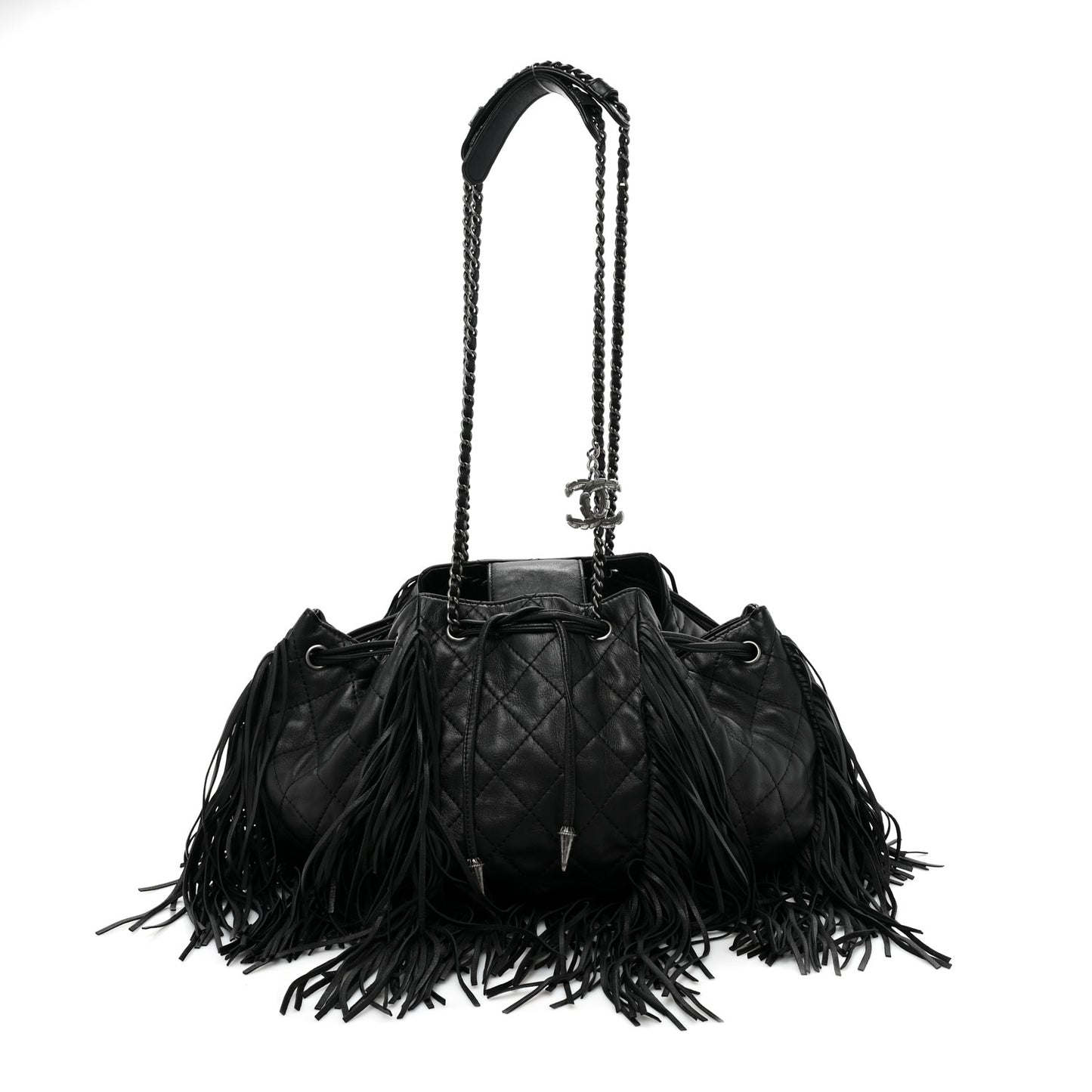 Lambskin Quilted Western Baluchon Fringe Bag Black