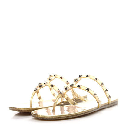 Valentino Garavani PVC Jelly Glitter Rockstud Caged Flat Thong Sandals 40 Oro 3 of 10