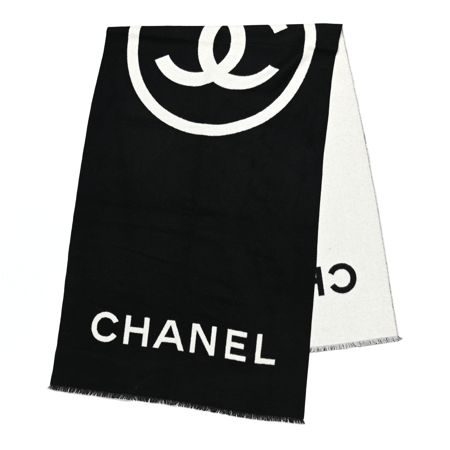Chanel Cashmere CC Fringe Stole Black White 2 of 4