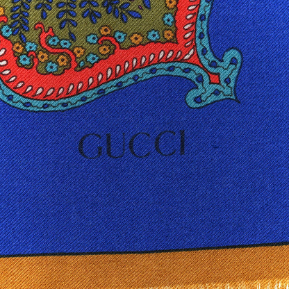 Gucci Wool Silk Paisley Print Fringe Shawl Blue Multicolor 3 of 3