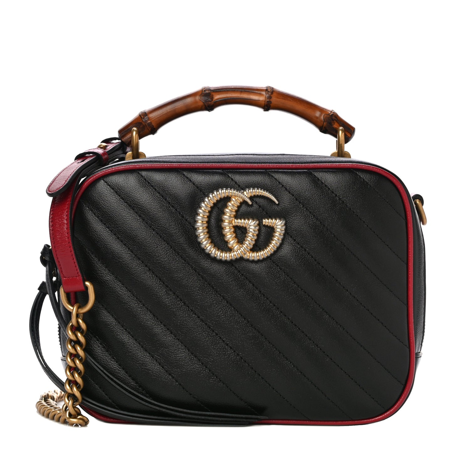Vintage Effect Calfskin Matelasse Diagonal Small Torchon GG Marmont Bamboo Top Handle Shoulder Bag Black Romantic Cherry