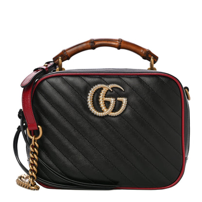 Gucci Vintage Effect Calfskin Matelasse Diagonal Small Torchon GG Marmont Bamboo Top Handle Shoulder Bag Black Romantic Cherry 1 of 11