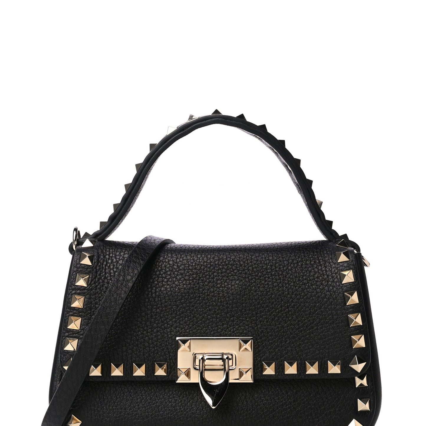 Grainy Calfskin Small Rockstud Top Handle Bag Black