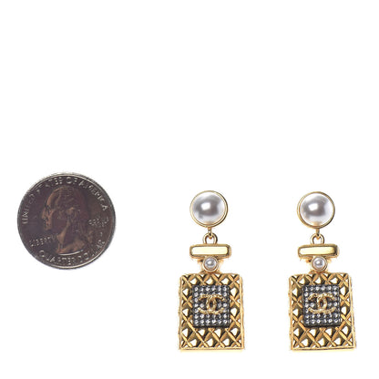 Chanel Crystal Pearl CC Perfume Bottle Drop Earrings Gold 2 of 4