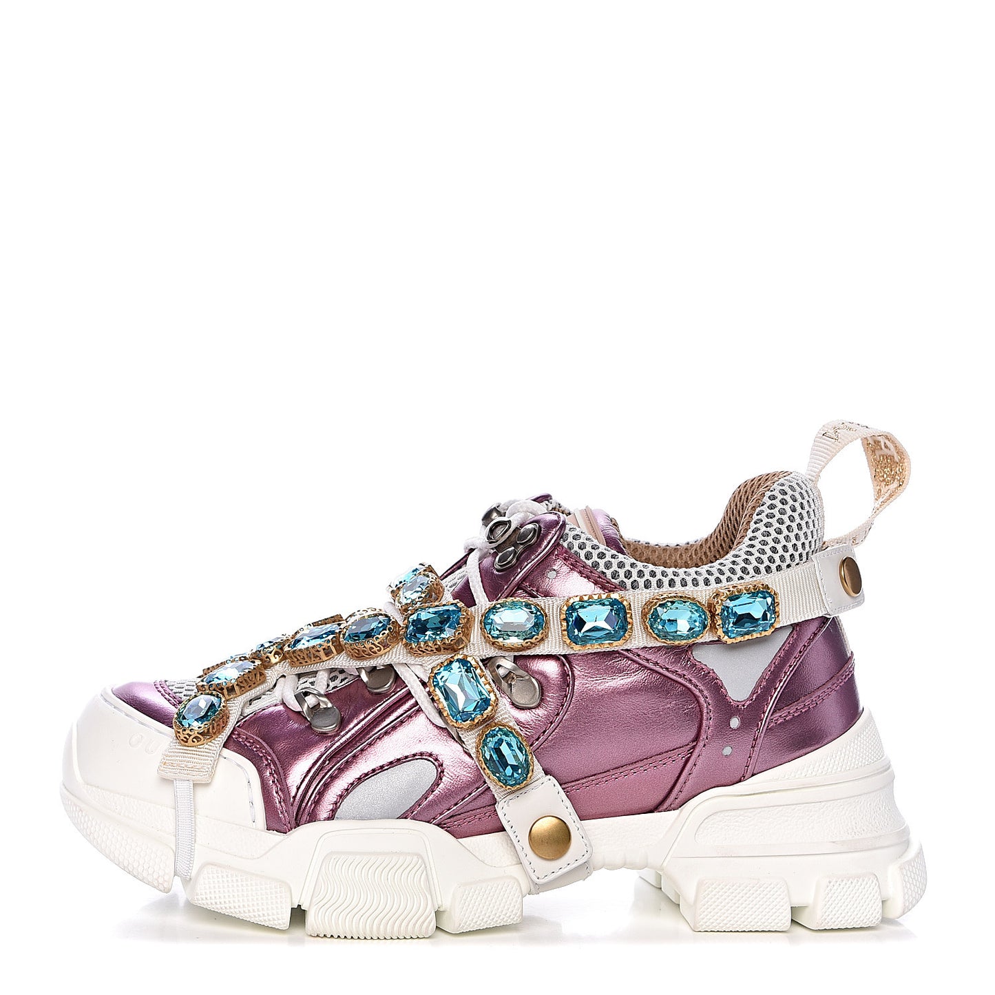 X SEGA Metallic Calfskin Mesh Removable Crystals Womens Flashtrek Sneakers 36 Rosa Great White Silver