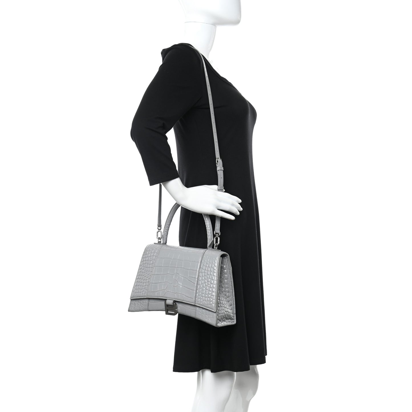 Shiny Calfskin Crocodile Embossed Medium Hourglass Top Handle Bag Balenciaga Grey